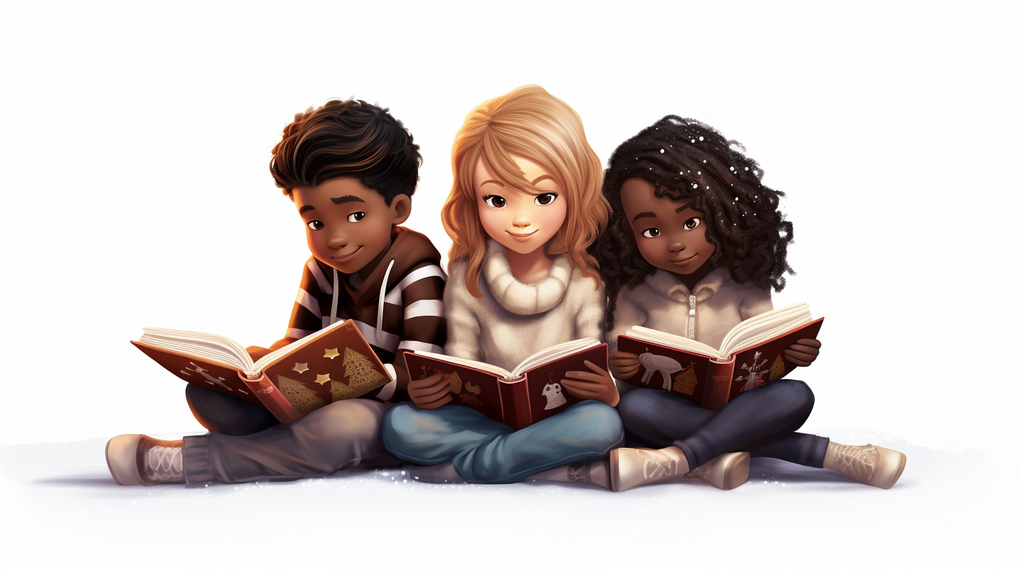 Three kids reading a book