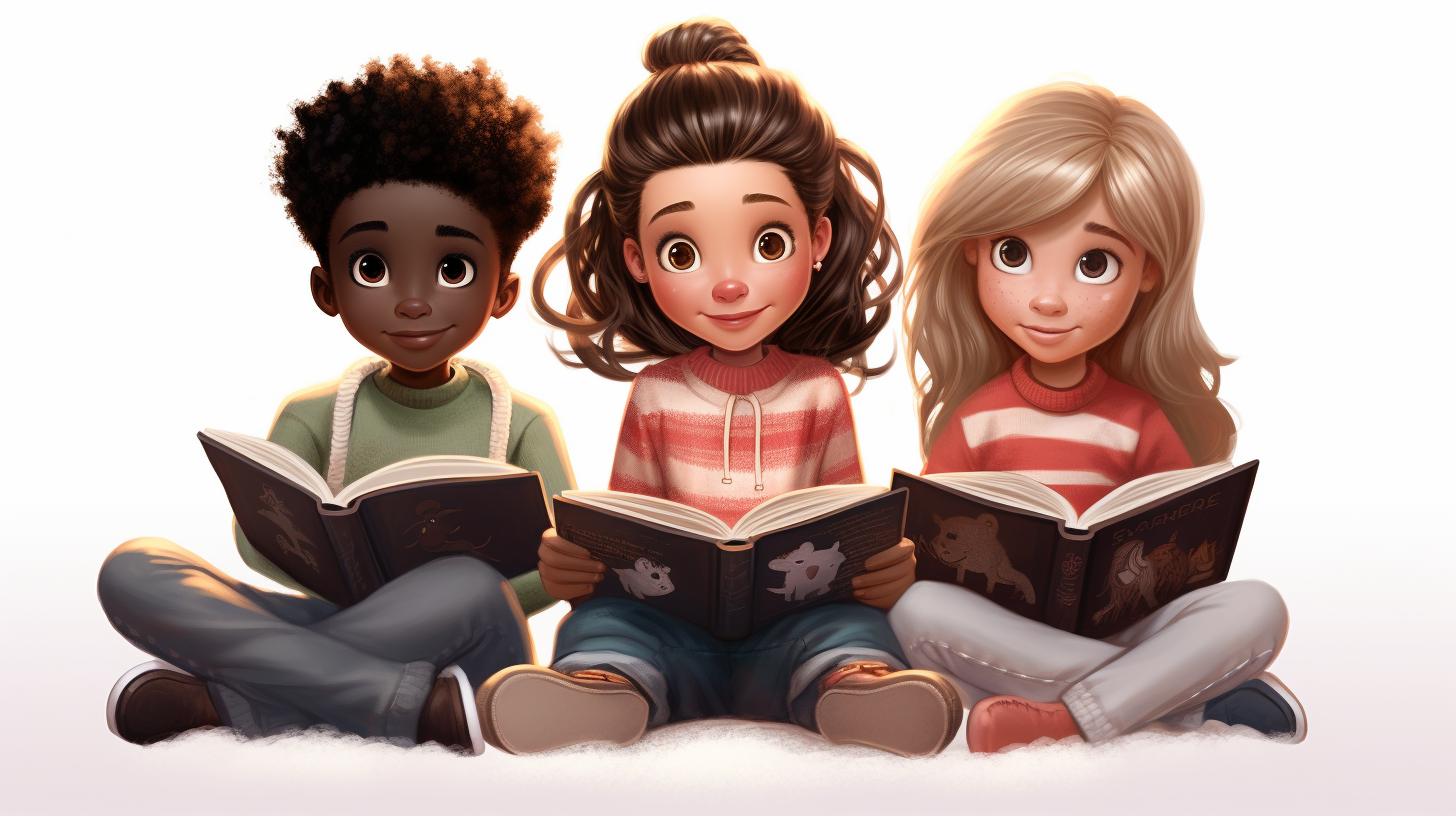 Three children happily reading a book