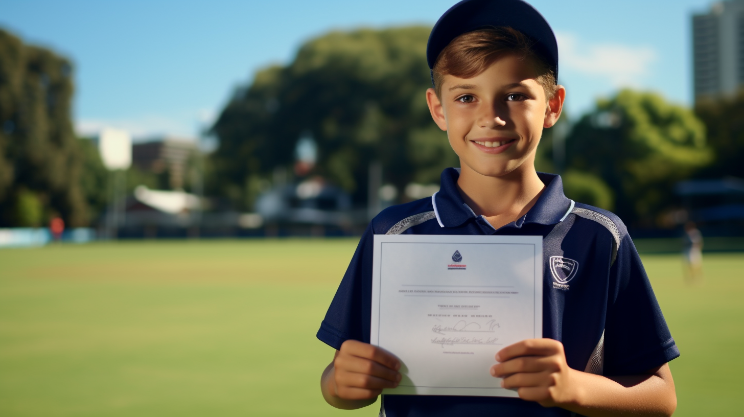 Smiling kid from New Zealand with sport certificate