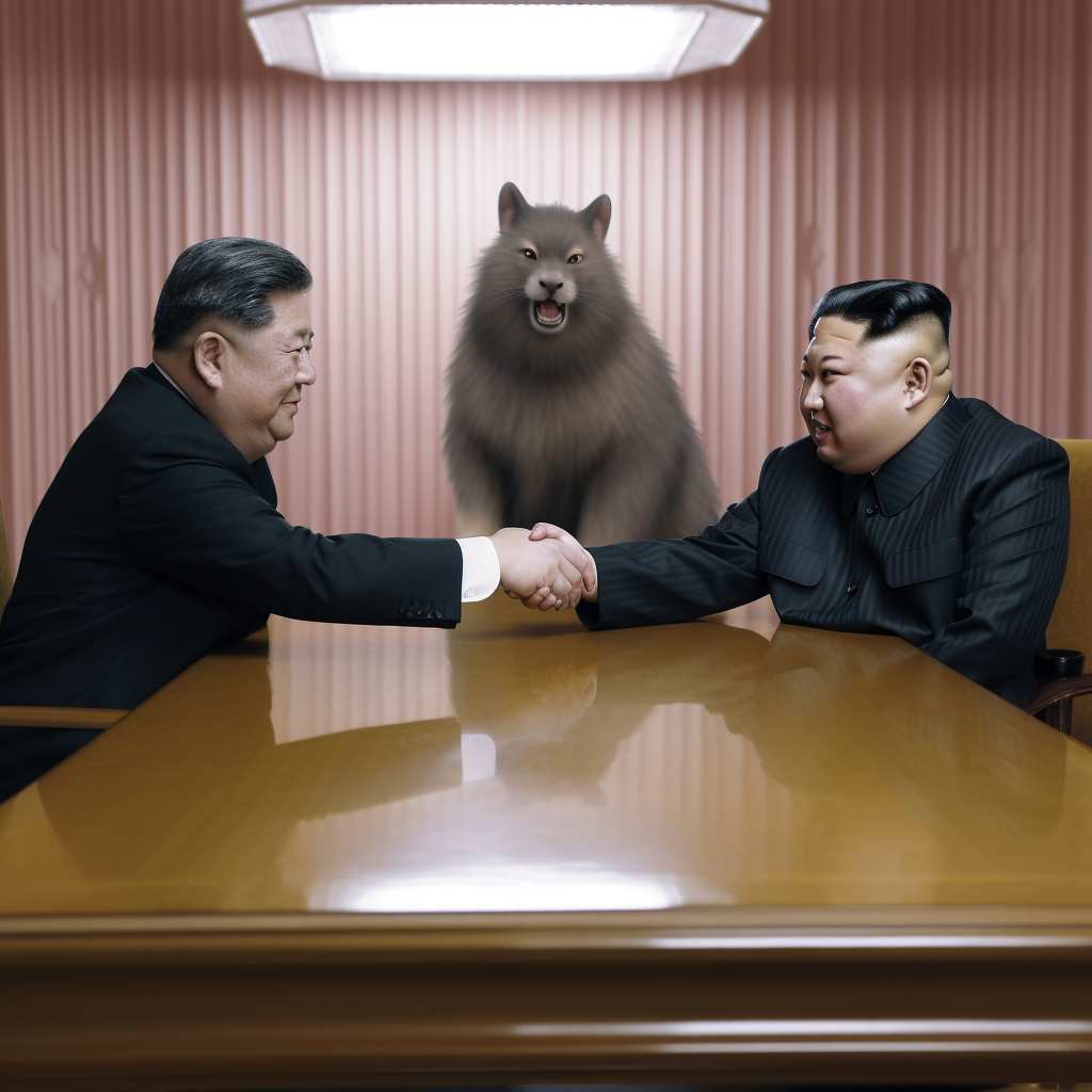 Kim Jong Un shaking hands with rat-headed man