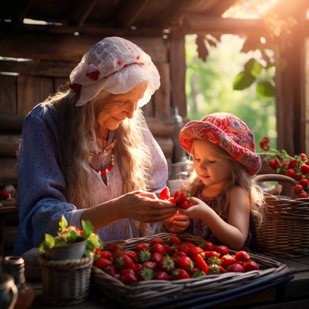 Kind Grandmother Teaching Granddaughter to Pick Strawberries