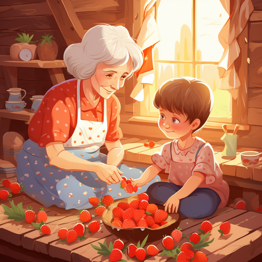 Kind grandmother teaching granddaughter picking strawberries