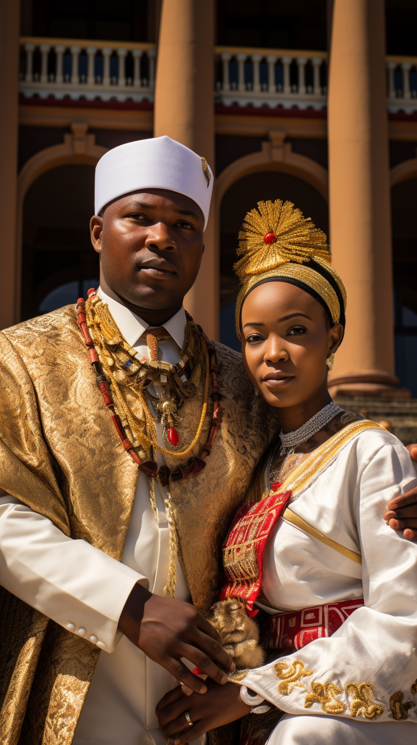 King of Eswatini and his wife in front of the palace