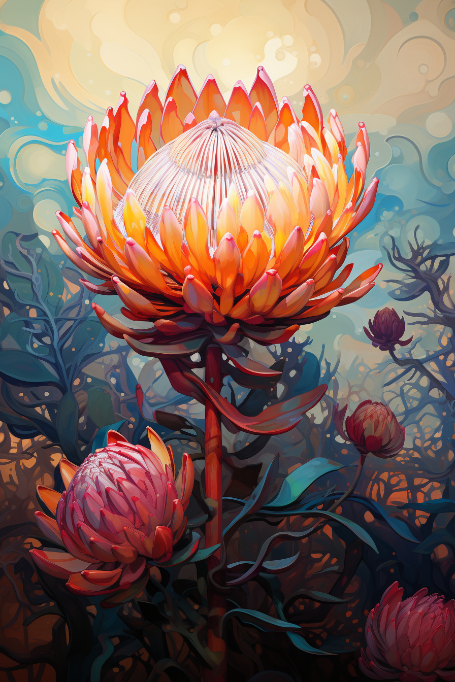 Vibrant painting of a King Protea flower