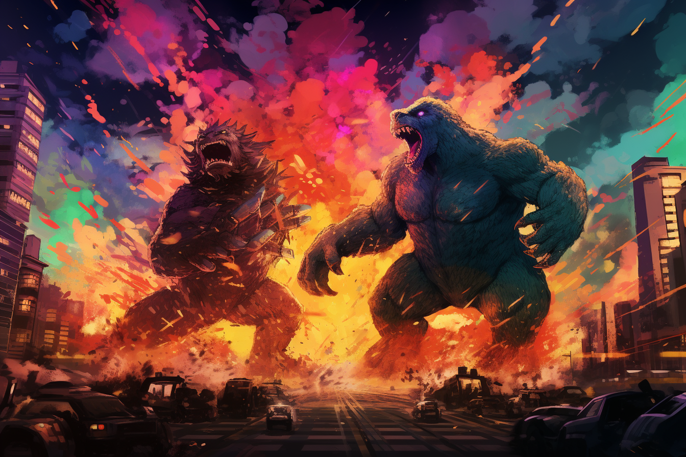 Cartoon-style King Kong and Godzilla fighting in Tokyo