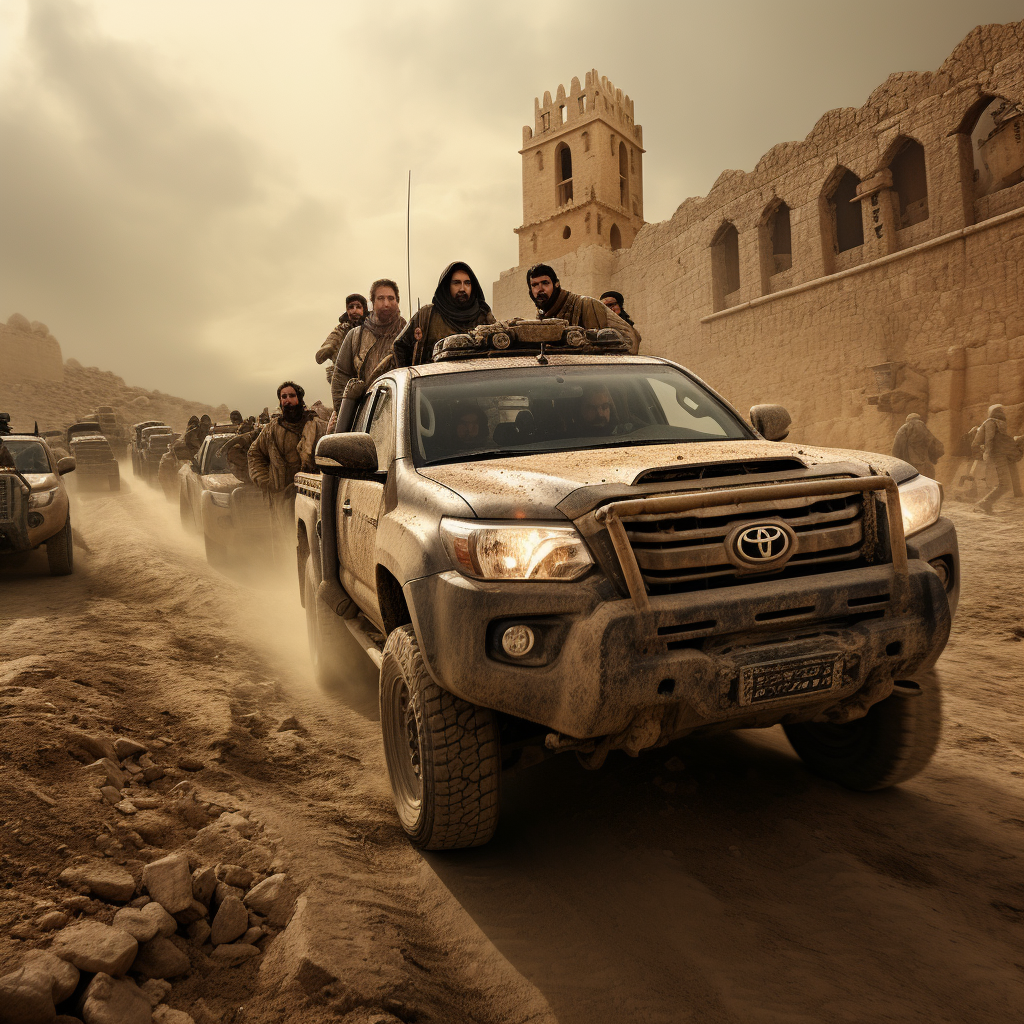 Jerusalem's army with golden cross on Toyota Tacoma