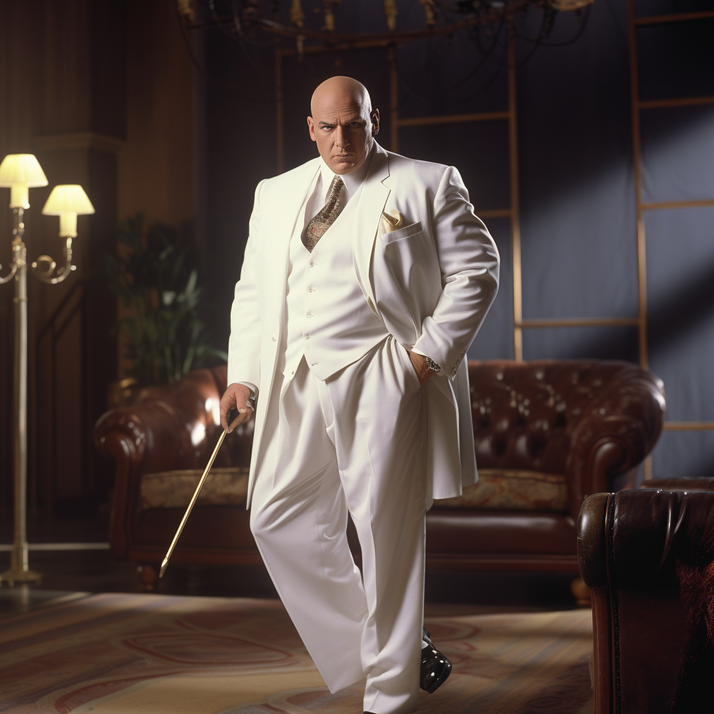 Caucasian actor portraying Kingpin in hyperealistic white suit with cigar and cane