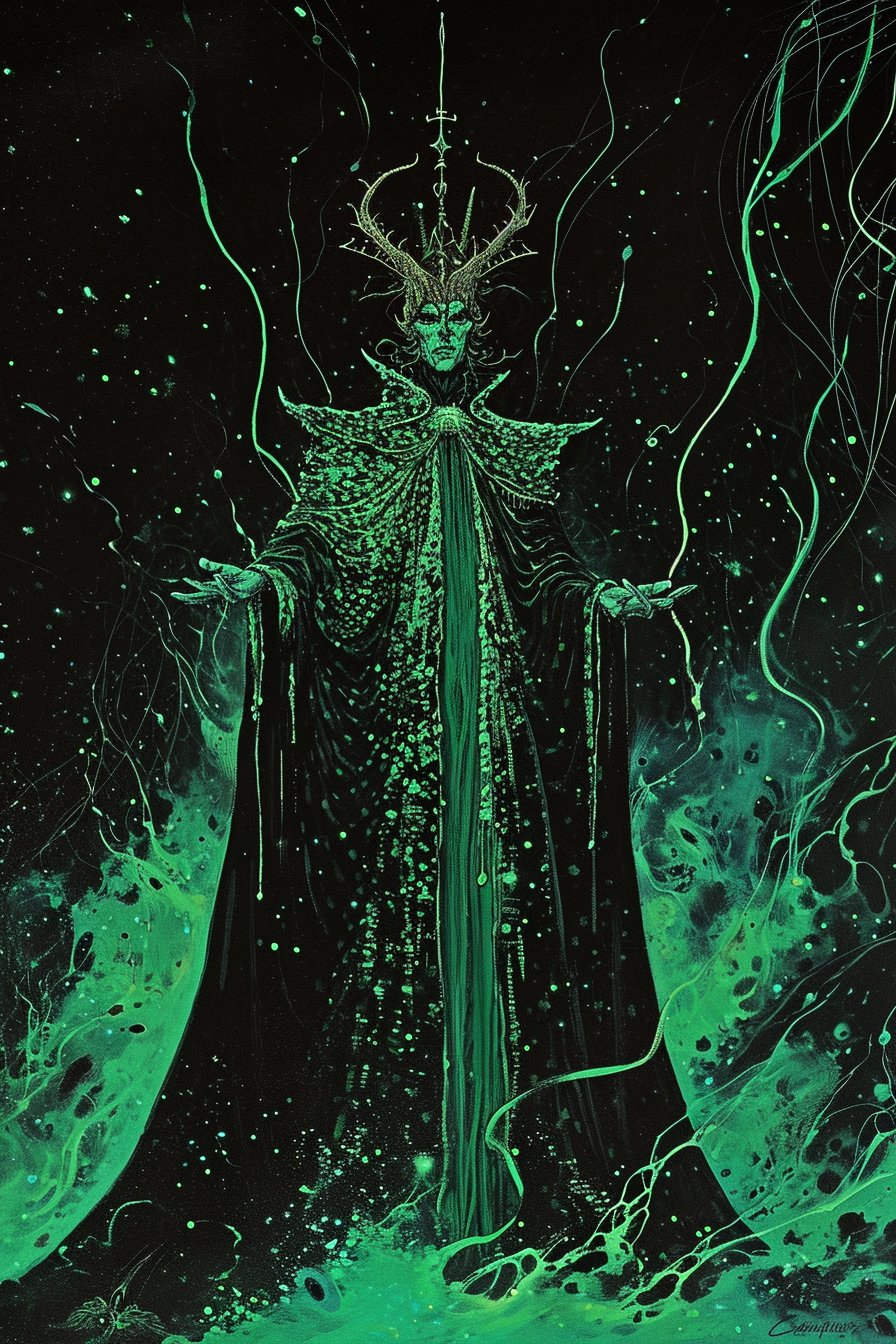 Illustration of the King of Stories in black and green robes