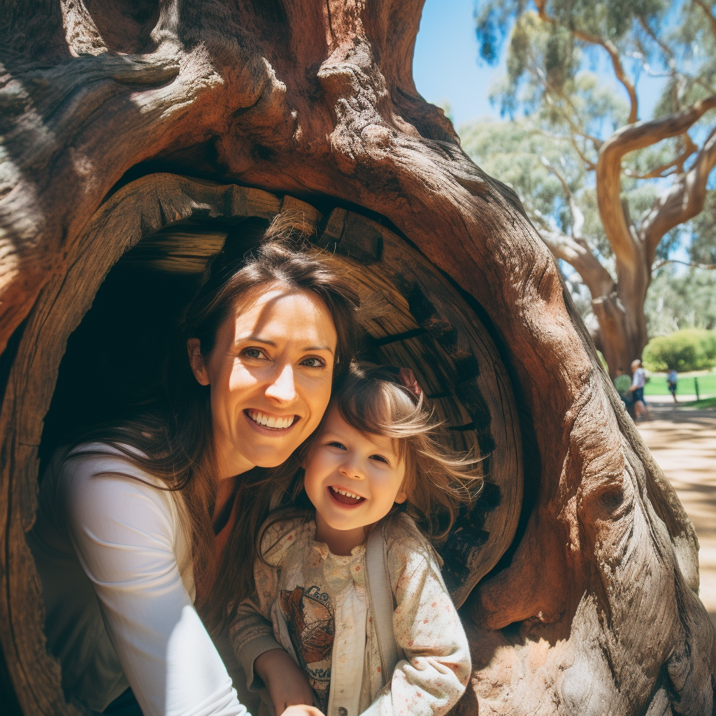 Happy mother and daughter near magical tree door