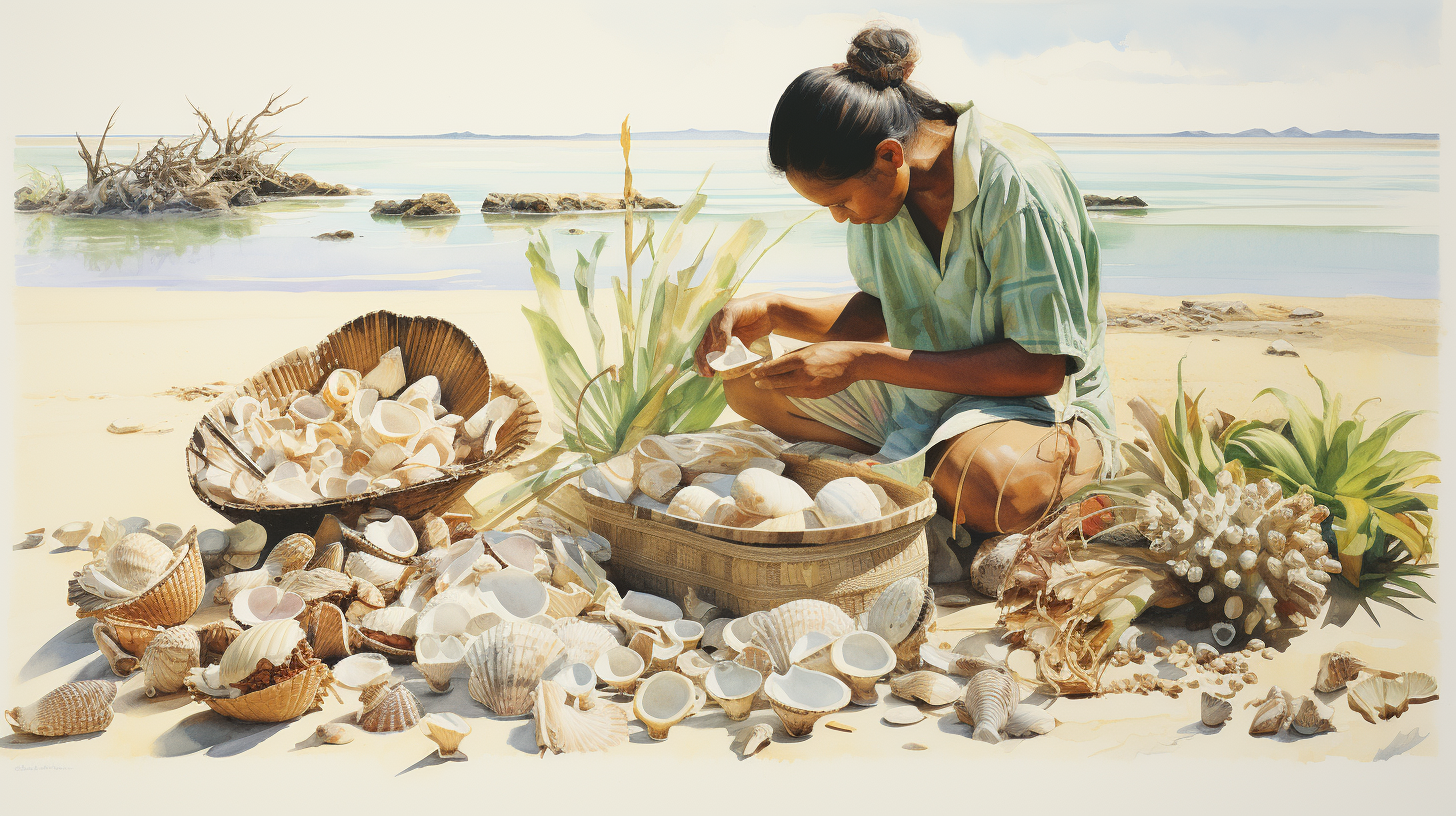 Serene Beauty of Kiribati's Seashell Watercolor Collage