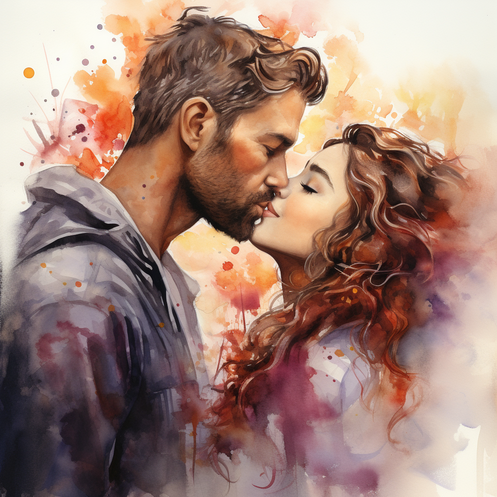 Watercolor painting of a couple kissing