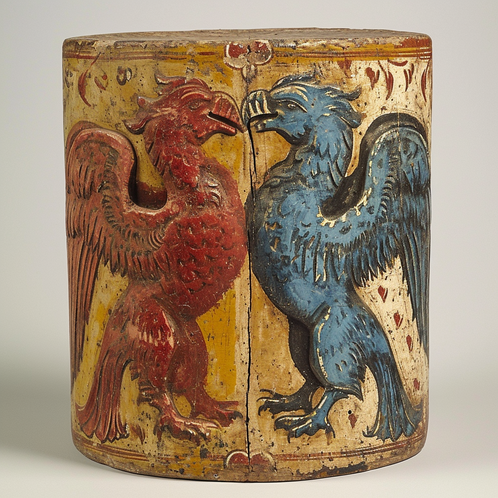 Kissing Griffons on Wood Cylinder