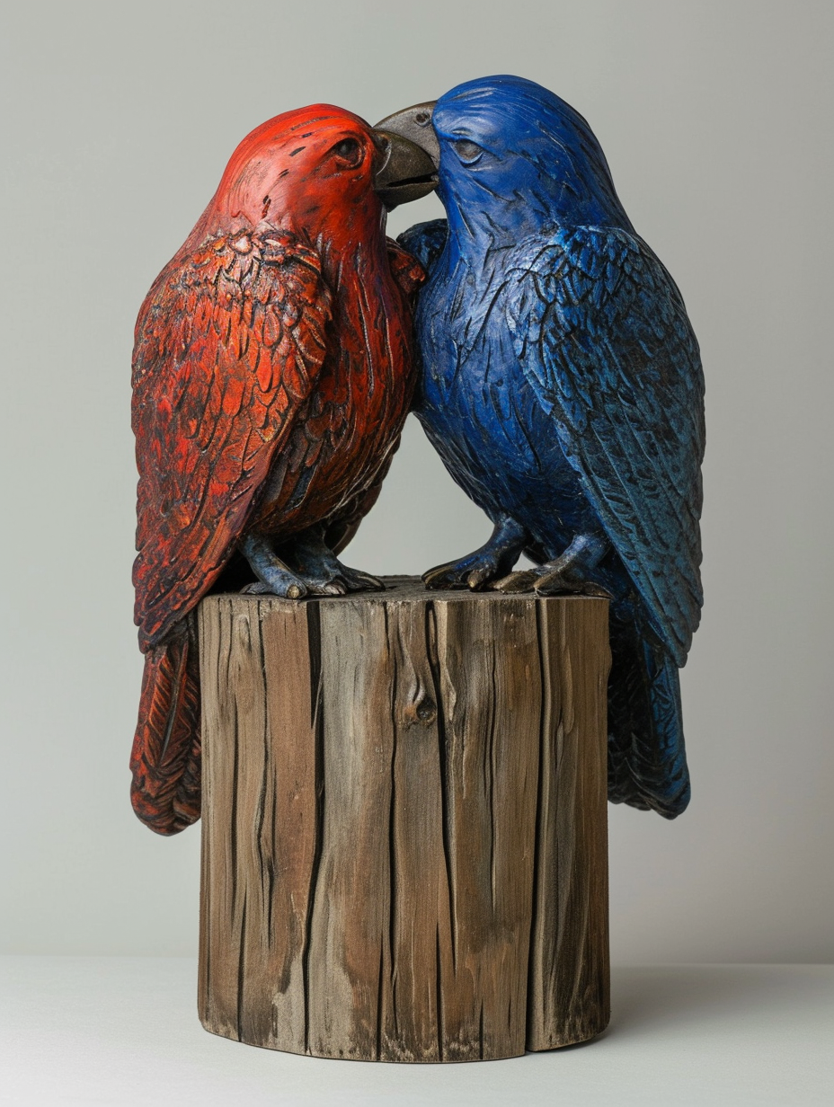 Two kissing griffons on wood