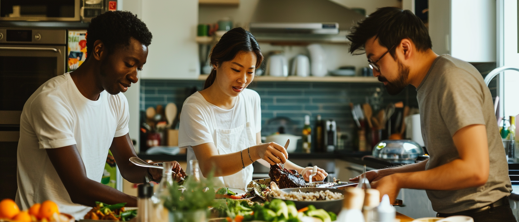 Friends waiting in kitchen for dinner party