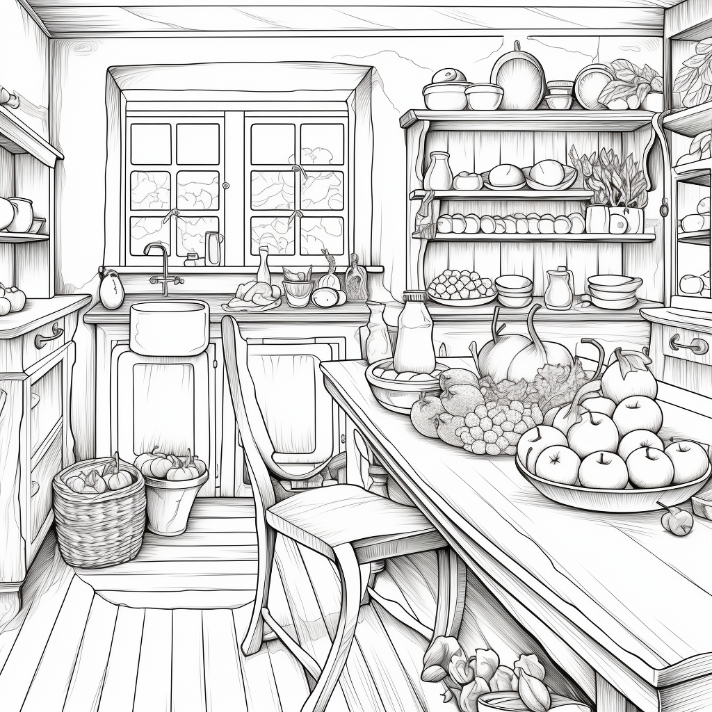 Coloring page of a kitchen on a farm