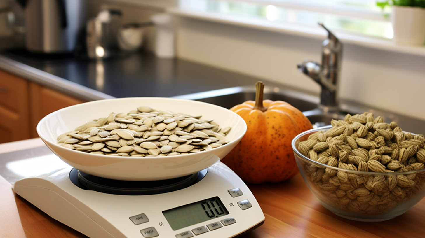 person weighing pumpkin seeds in kitchen