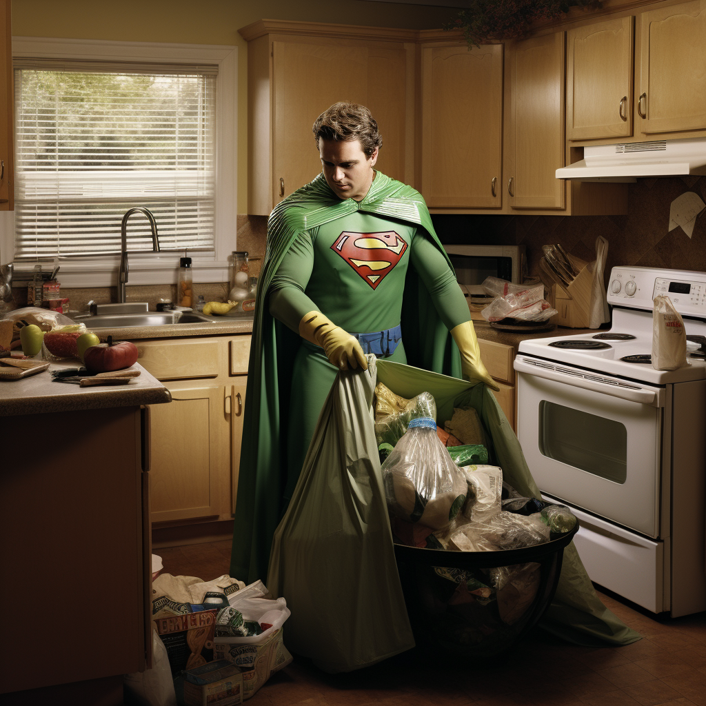 Superhero discarding waste in kitchen