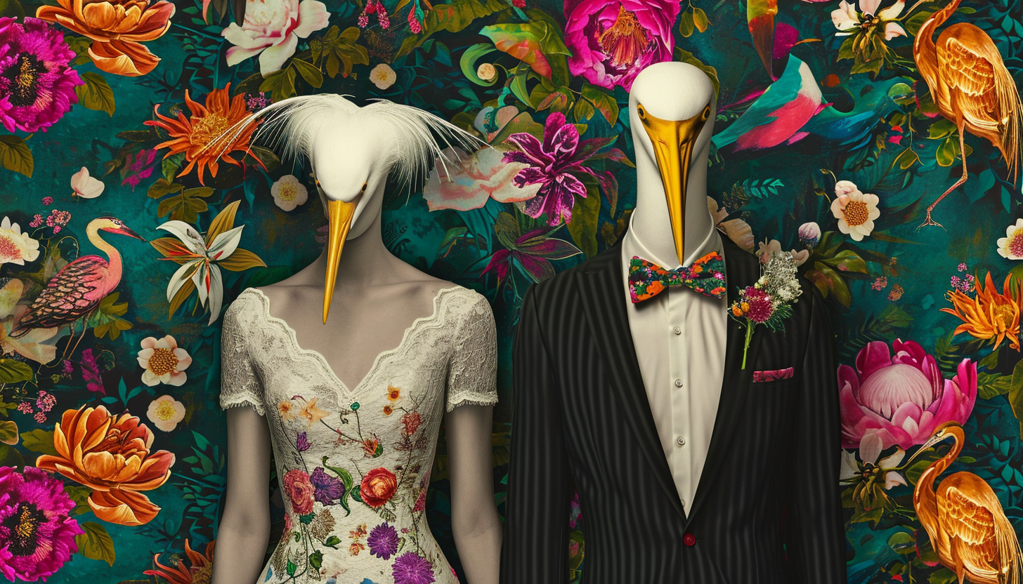 Colorful kitsch wedding dress with heron head