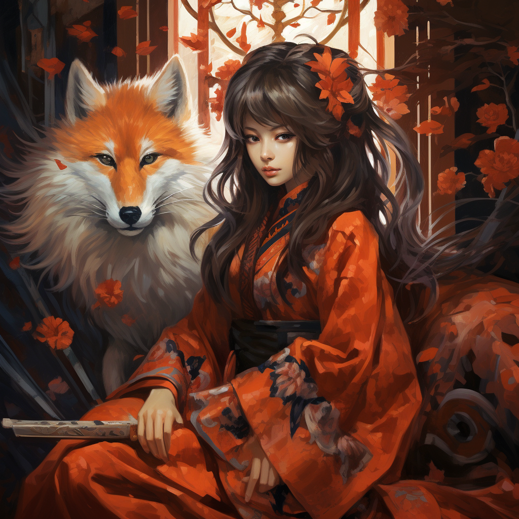 Kitsune girl with her pet fox and kunai knives