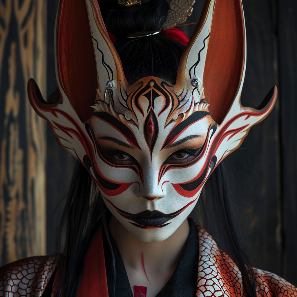 Woman wearing kitsune mask in high detail