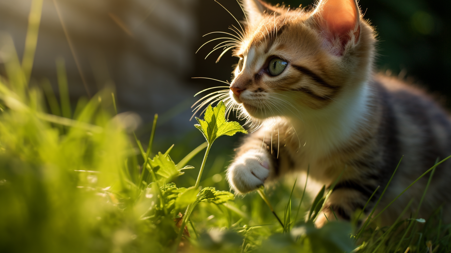 Cute kitten happily munching on grass