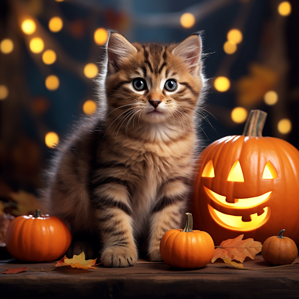 Adorable Kitten Holding Halloween Pumpkin