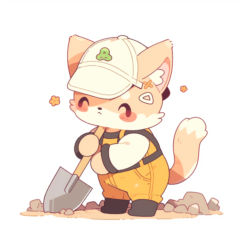 Cute kitten with hard hat and shovel