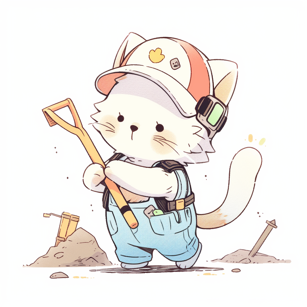 Adorable kitten in a hard hat and using a shovel