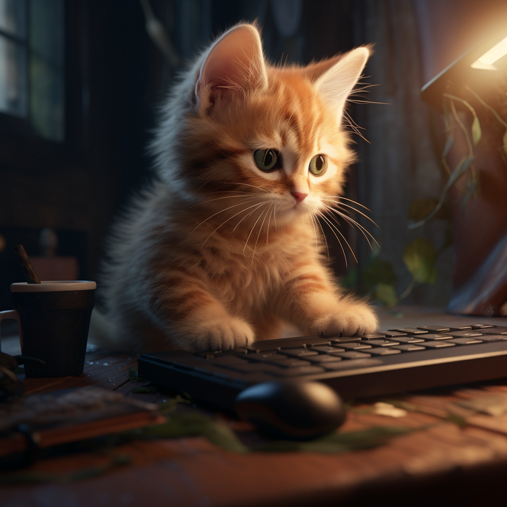 Adorable kitten playing on computer