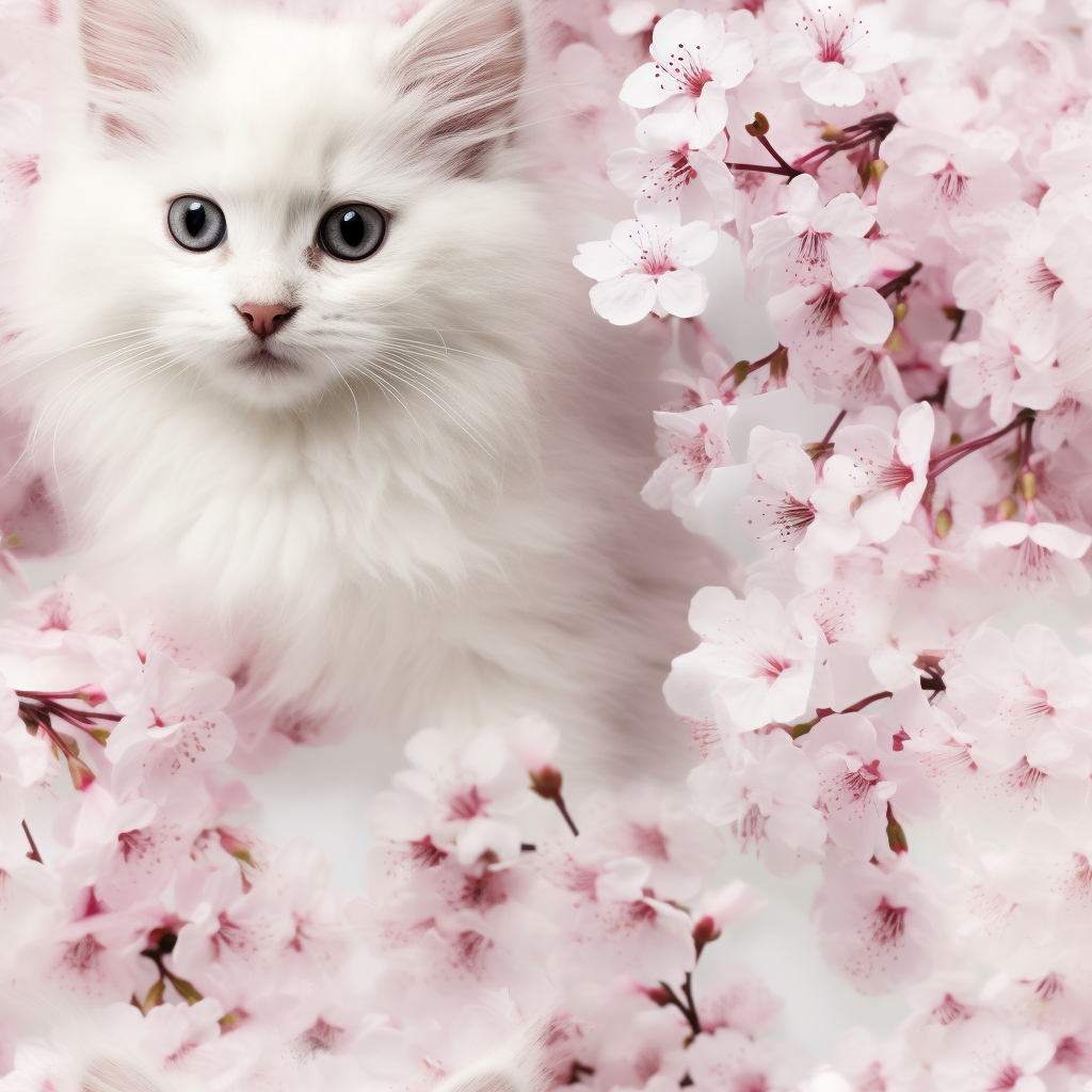 Long-haired white kitten playing with pink flowers