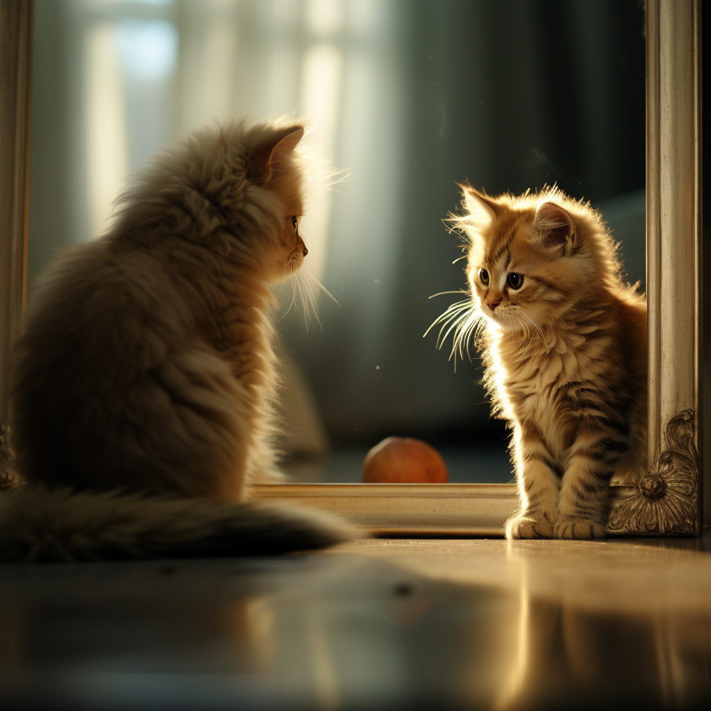 Kitten looking at lion reflection