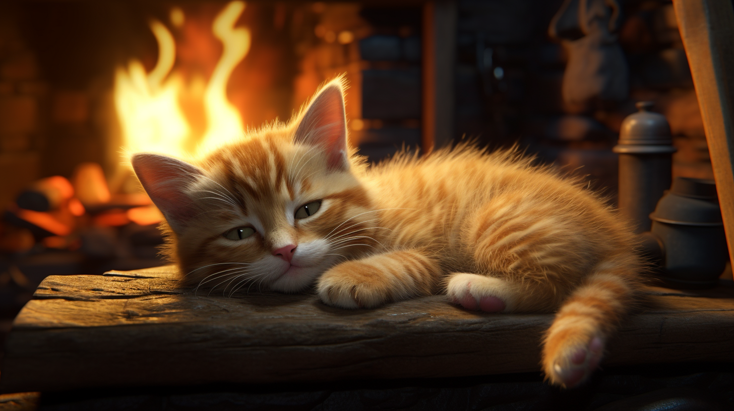 Sleeping Kitten by the Fireplace