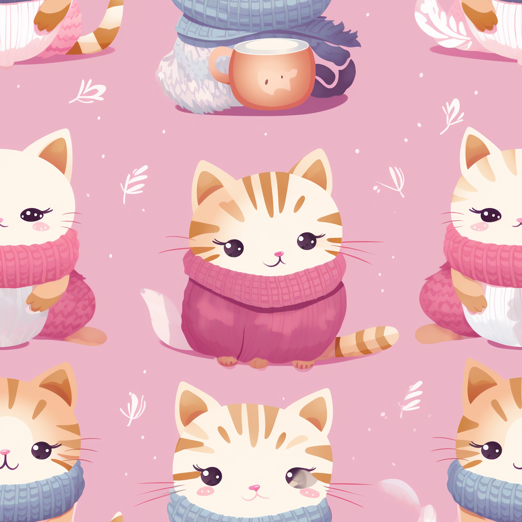 Cute kittens in cozy sweaters sipping tea