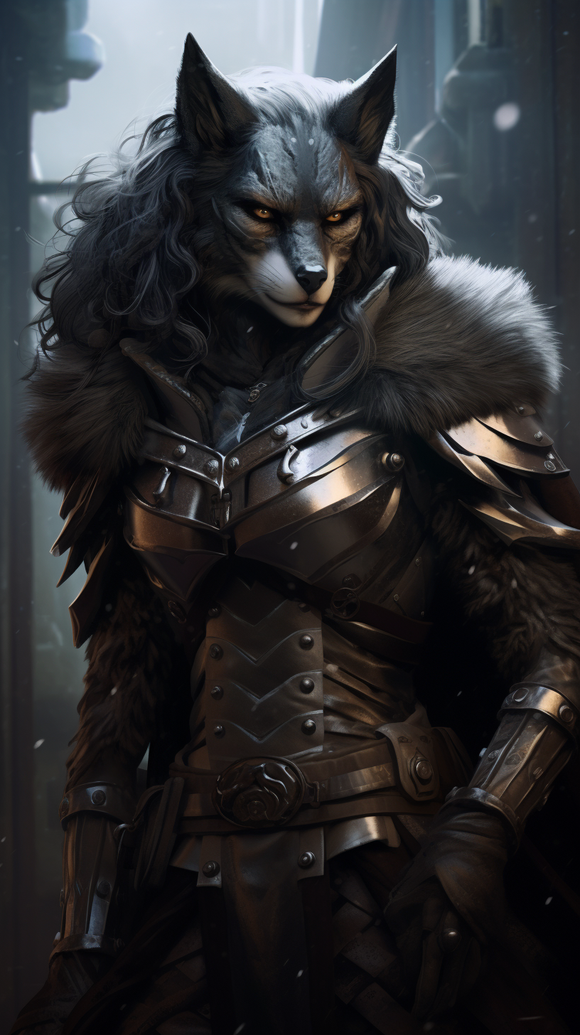 Knight armor with feminine leather cape and wolf inspiration