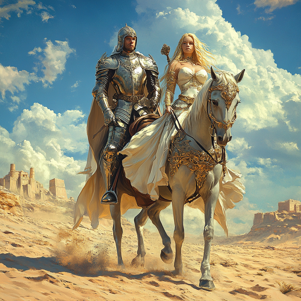 Knight armor horse desert blonde woman