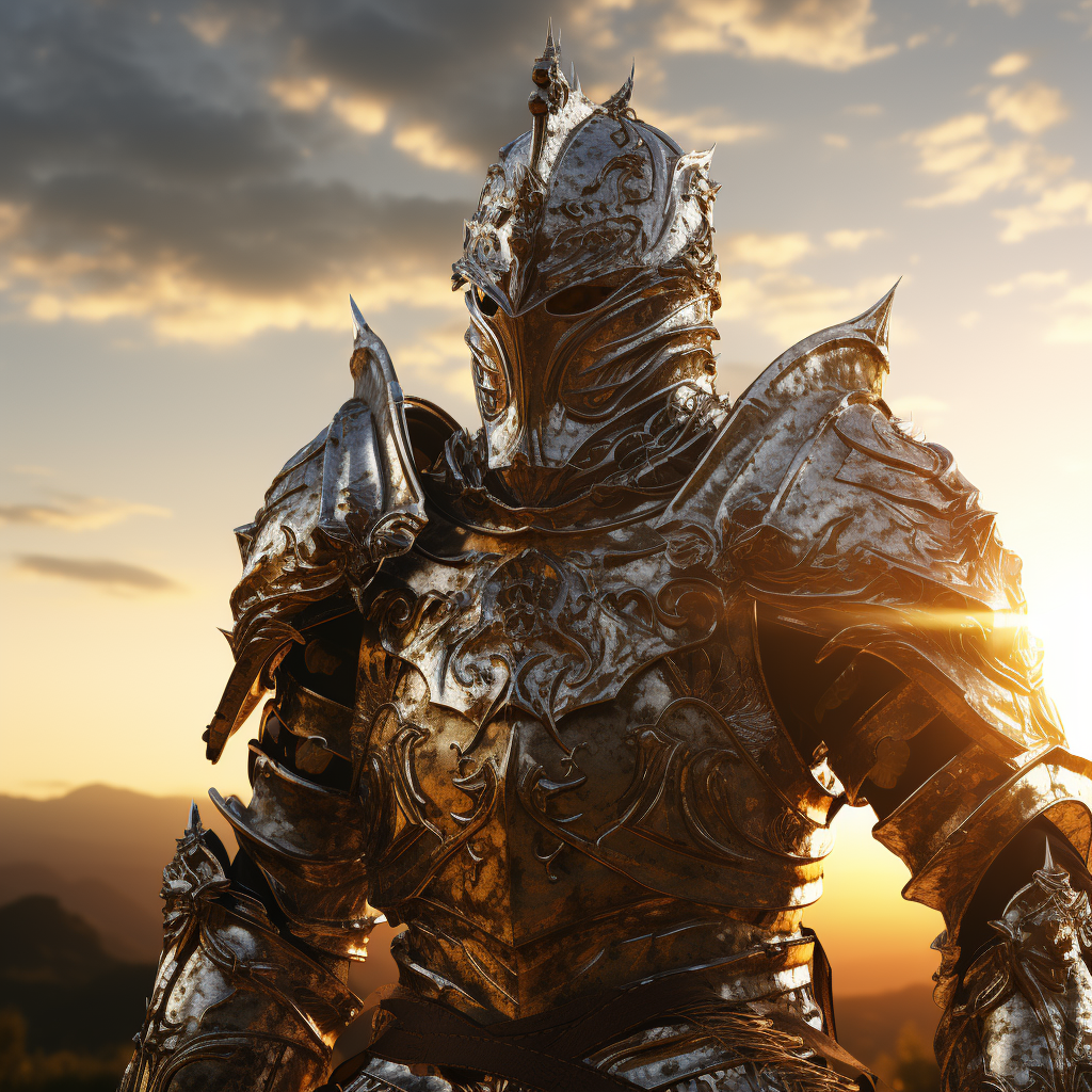 Knight armor praying golden hour scene