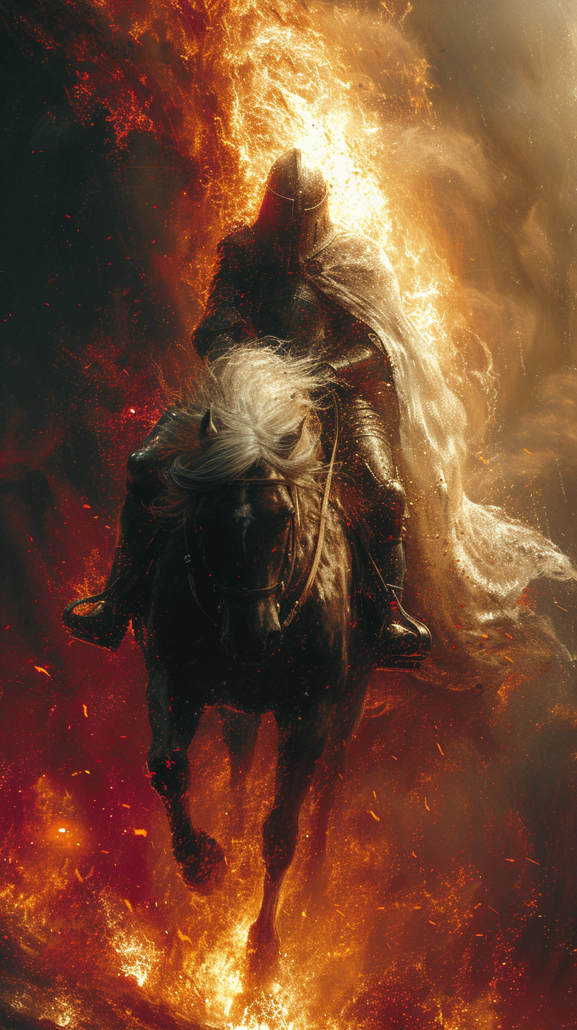 Knight armor riding fiery warhorse fantasy image