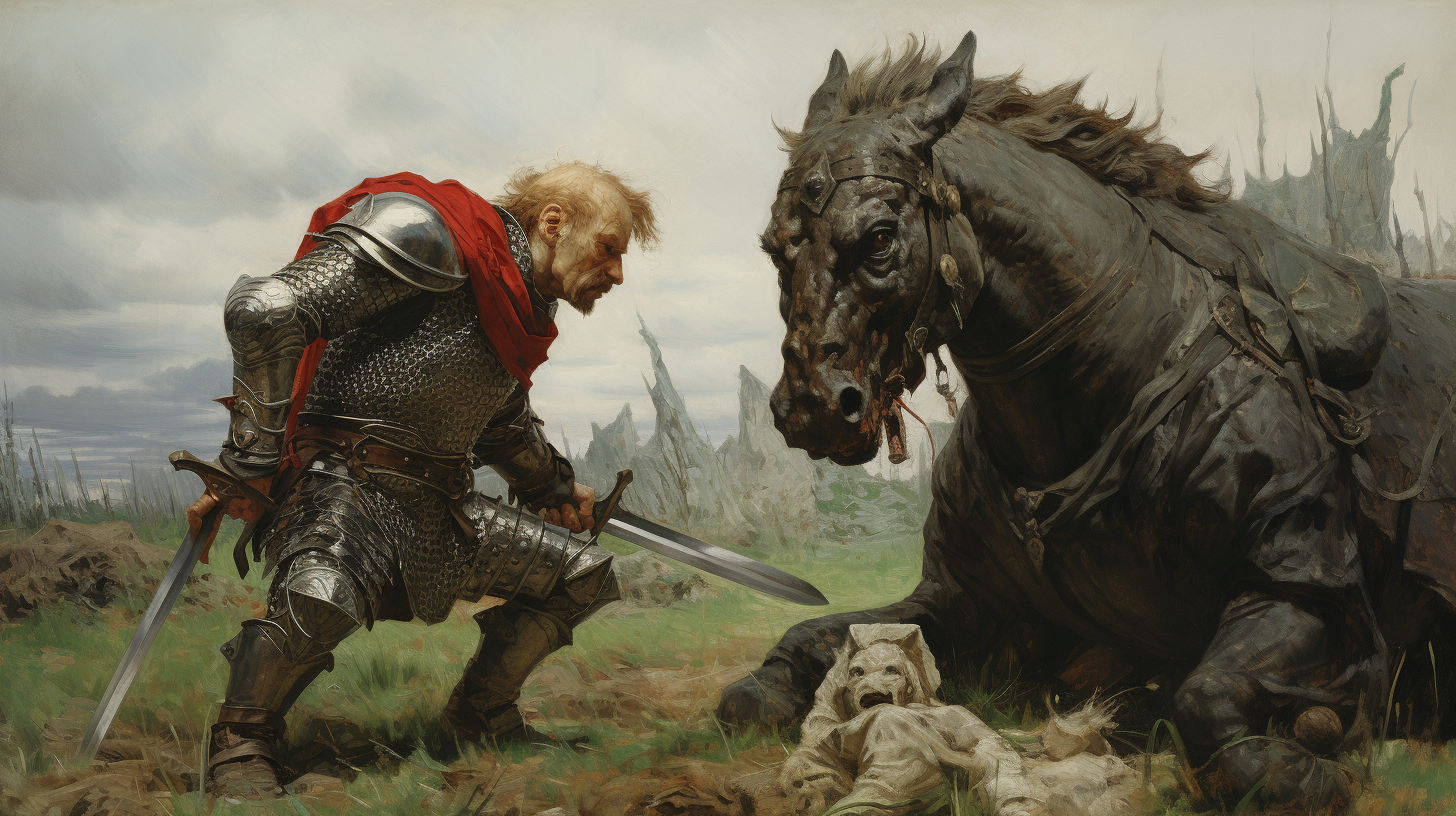 A brave knight fighting a goblin in Viktor Vasnetsov style