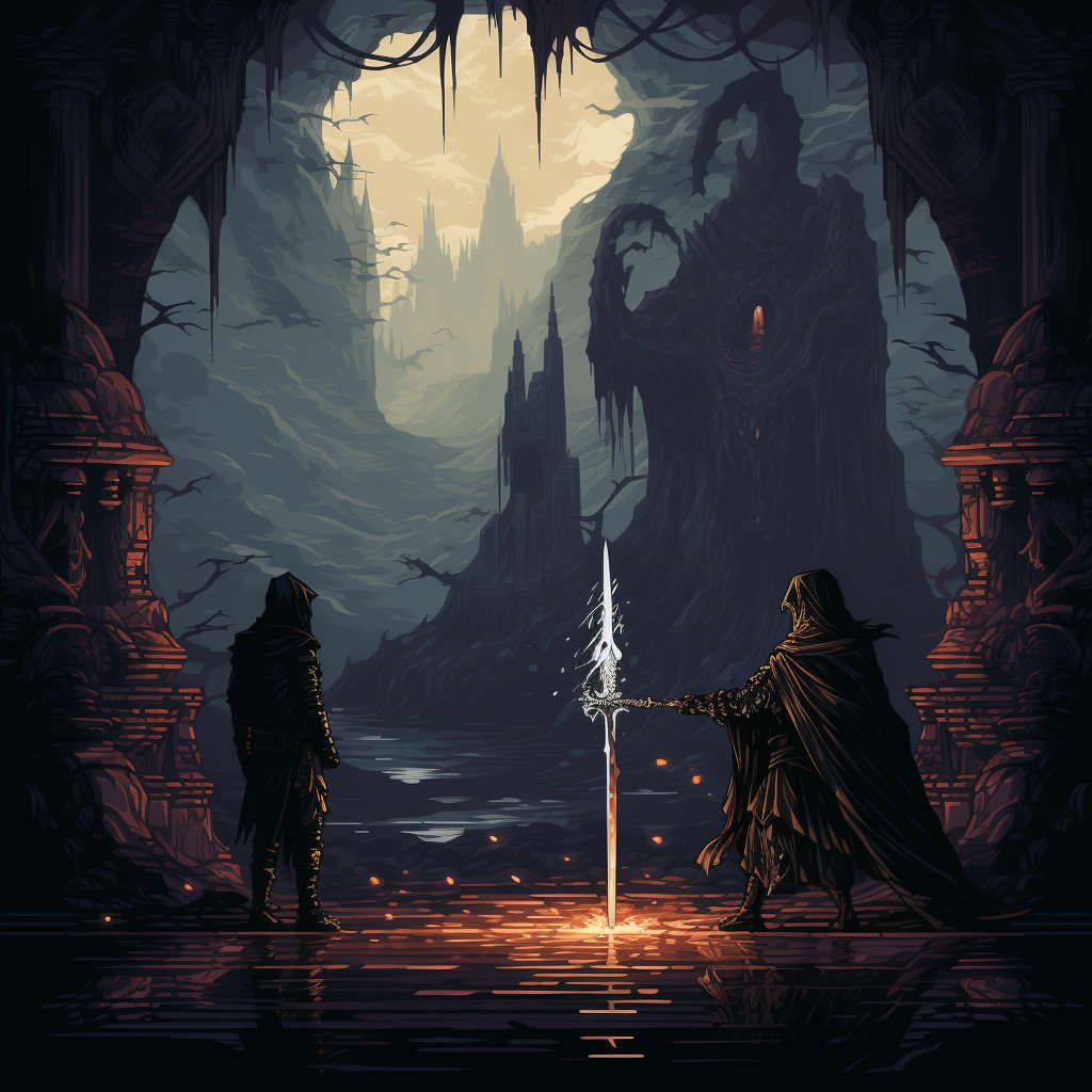 Knight Dueling Dark Wizard Dungeon Pixel Art