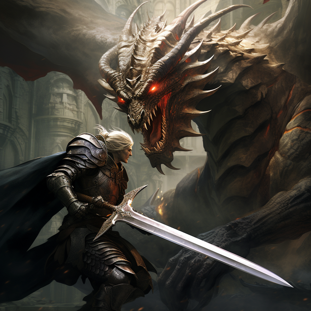 Brave knight battling fearsome dragon