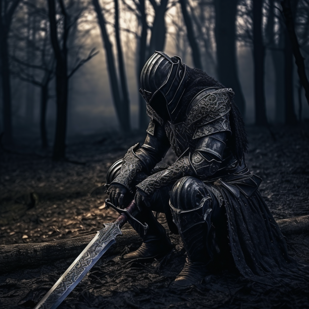 Knight in Gothic Armor with Longsword on Battlefield