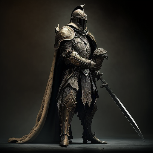 Regal knight with helmet holding a longsword