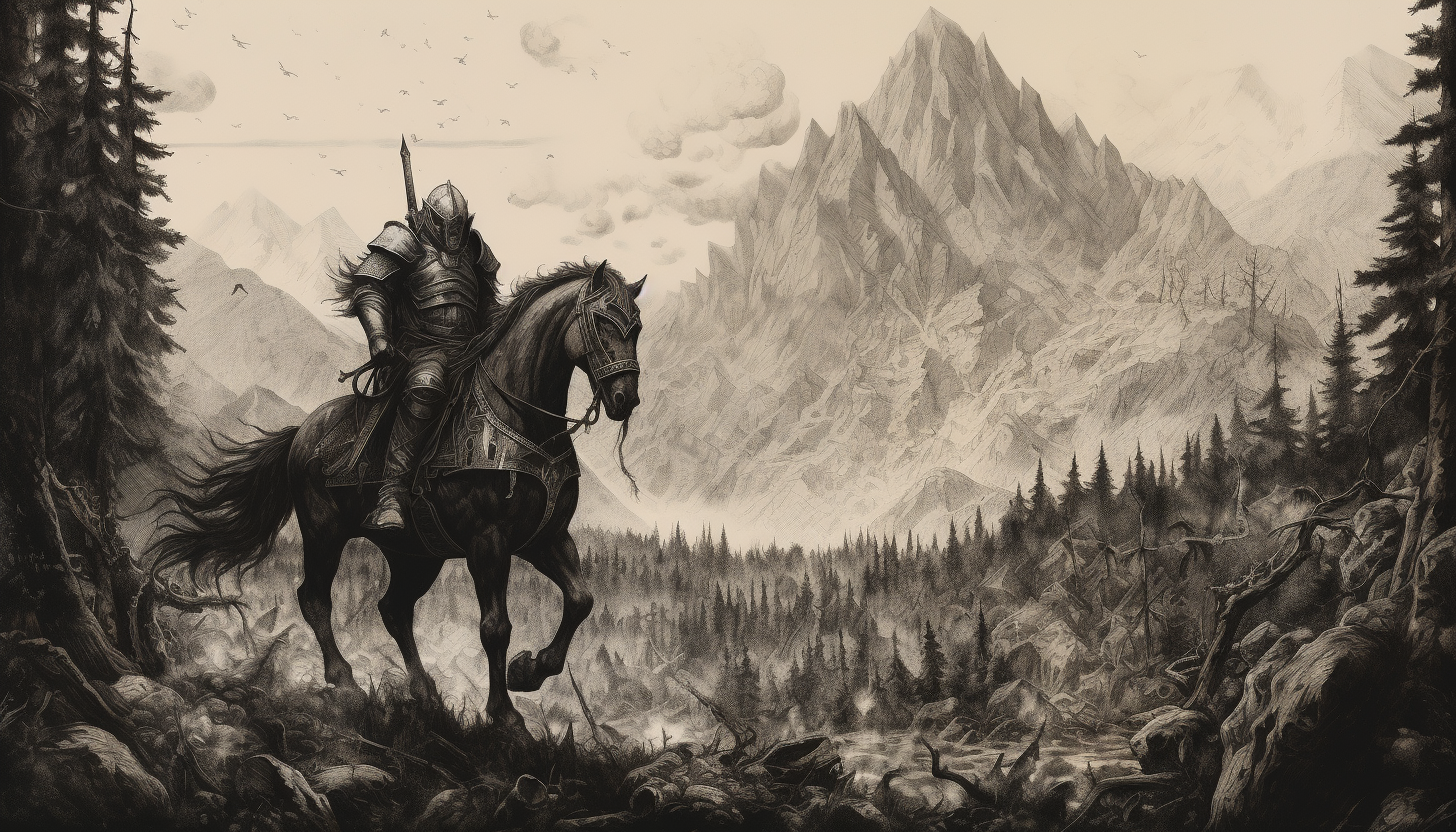 Knight on horse meeting demon with mountain, trees, and castle