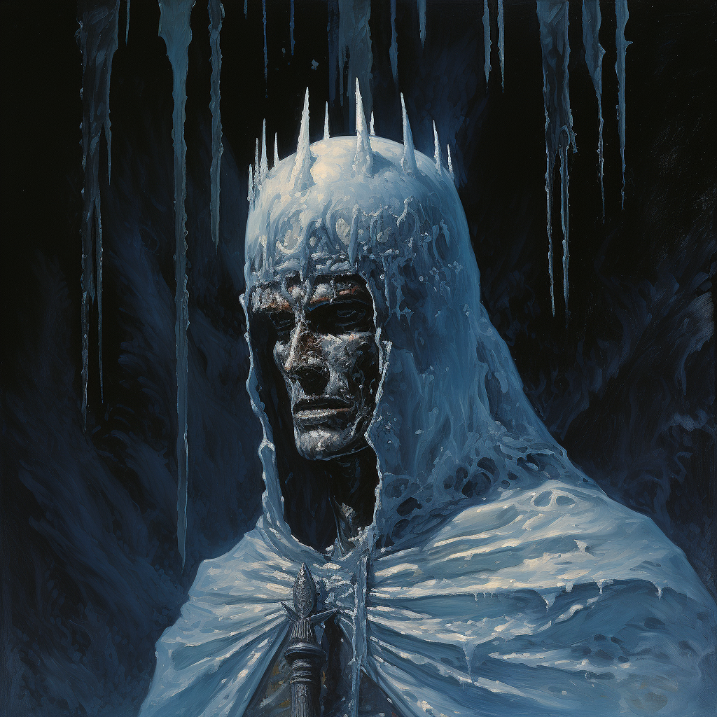 Surrealist Dark Fantasy Knight with Icicle Cave and Snow