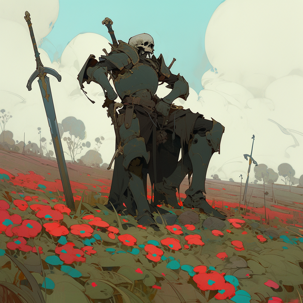 Knight with Broken Armor in Flower Field