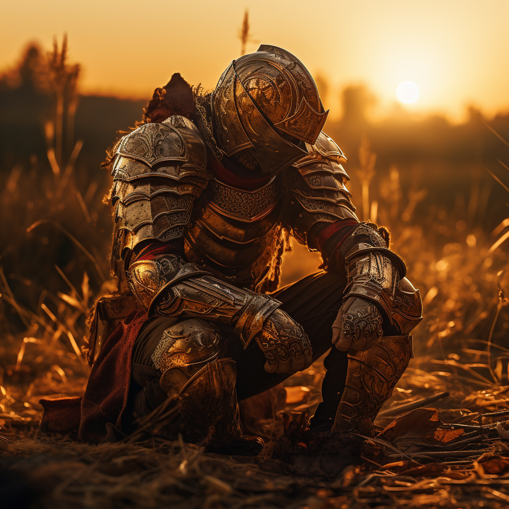 Knight in Full Plate Armor Kneeling during Golden Hour