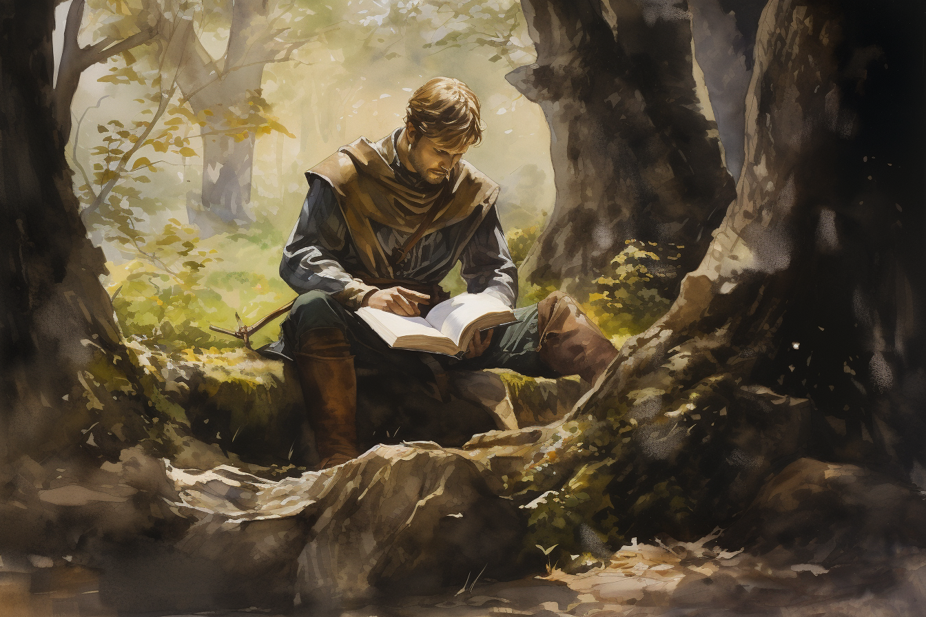 Knight reading leather bound book in forest