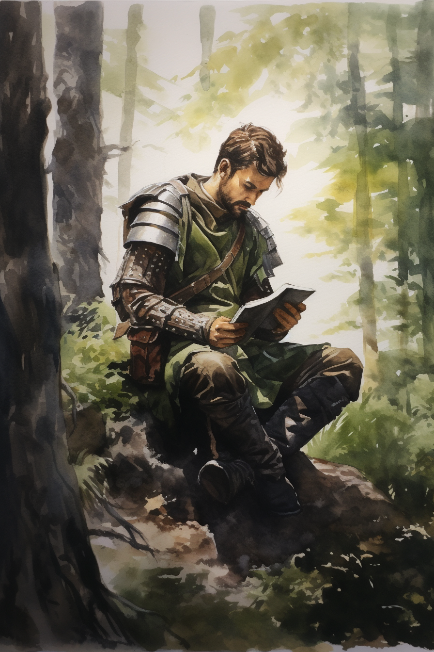 Knight reading leather bound book in forest