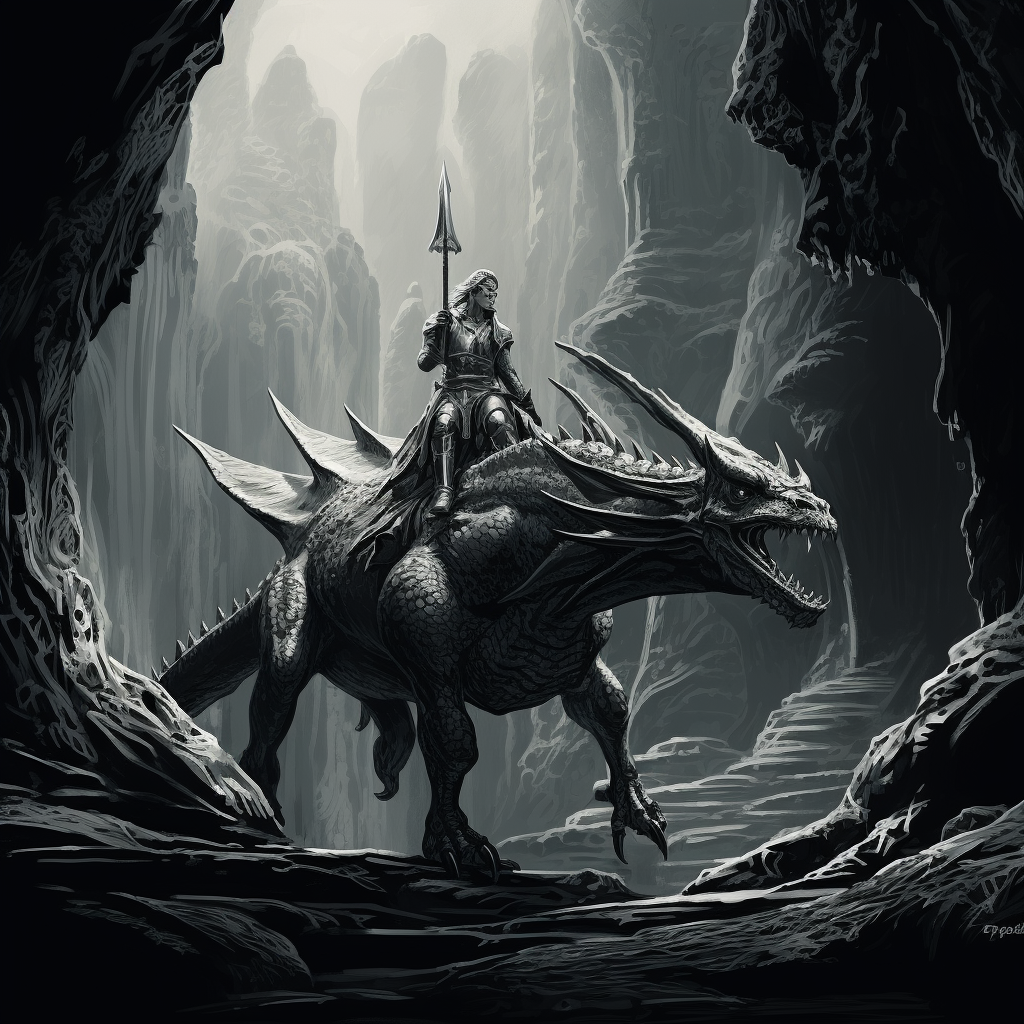 Knight on lizard in cave