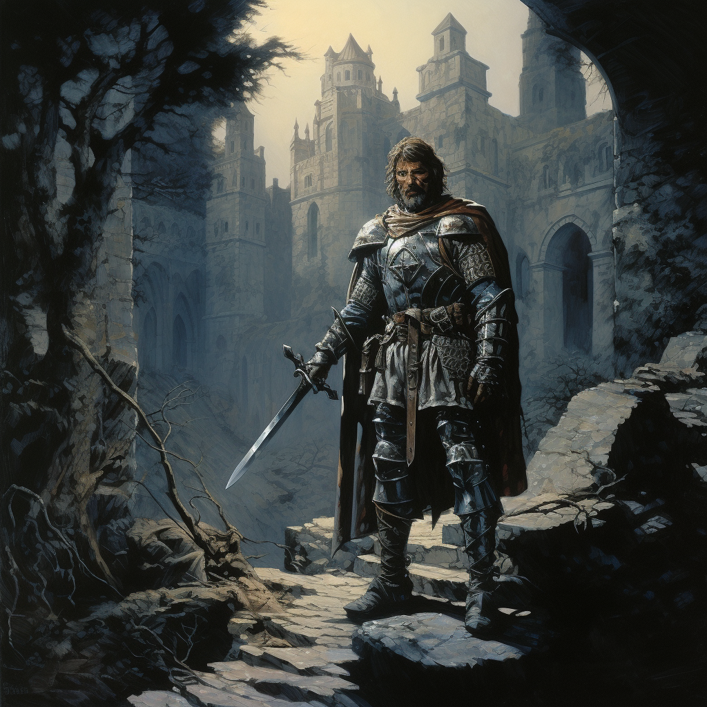 Knight in Rusty Armor Holding Sword in Castle Ruins